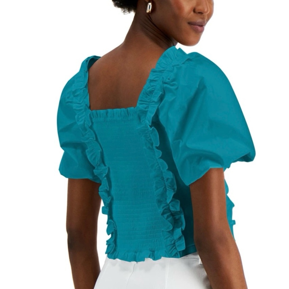 INC International Concepts Green and Blue Puff Sleeve Smocked Blouse